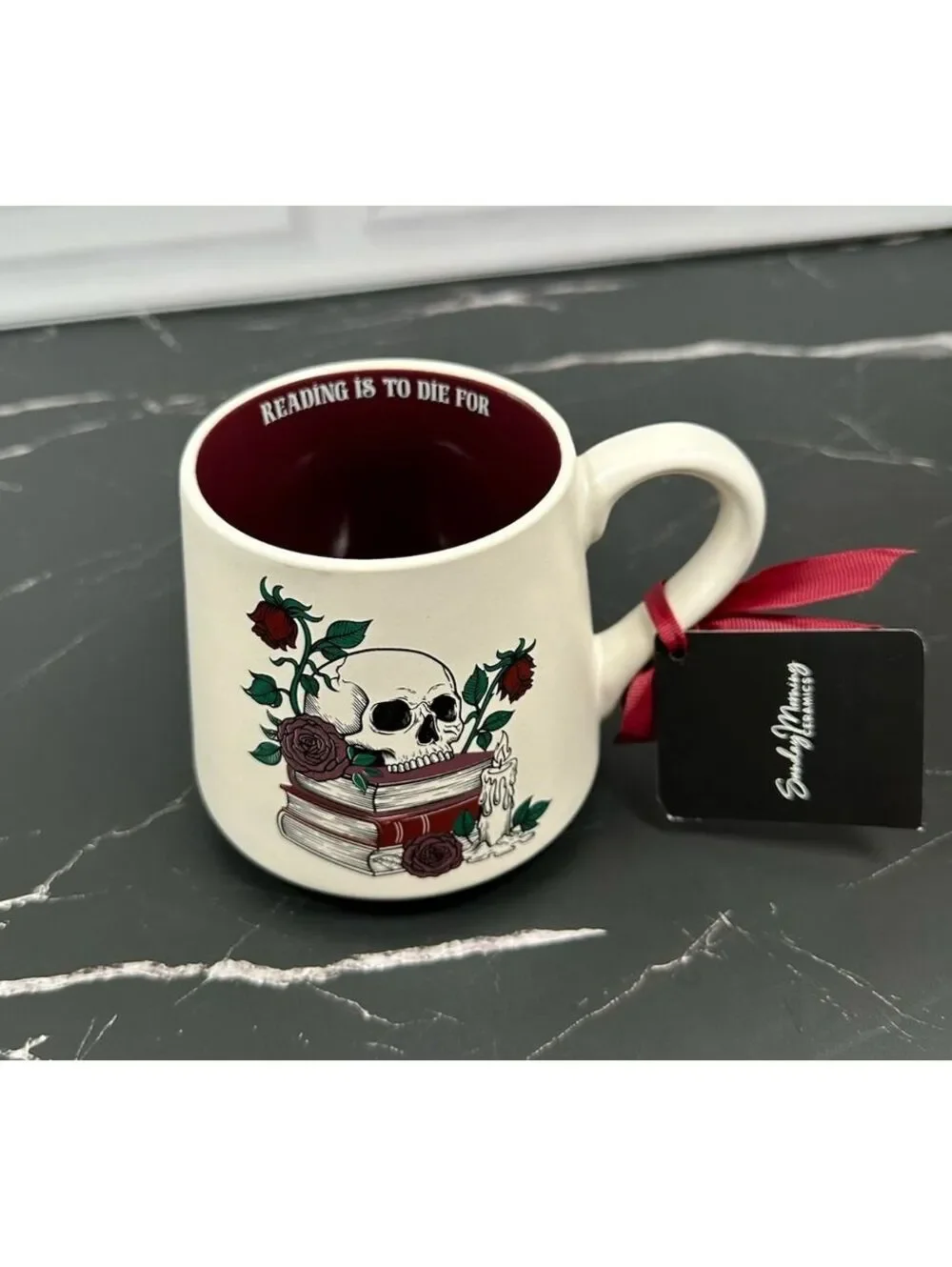Sunday Morning Ceramics Mug with Skull, Books, and Roses Design Coffee Cup
